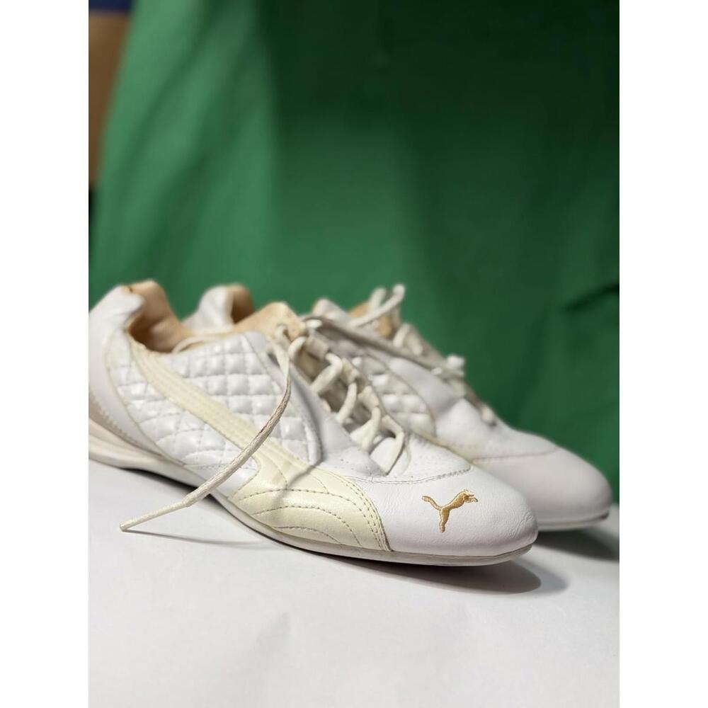 PUMA White Leather Sneakers Women US 6 EU 36 Gold Logo Lace Up